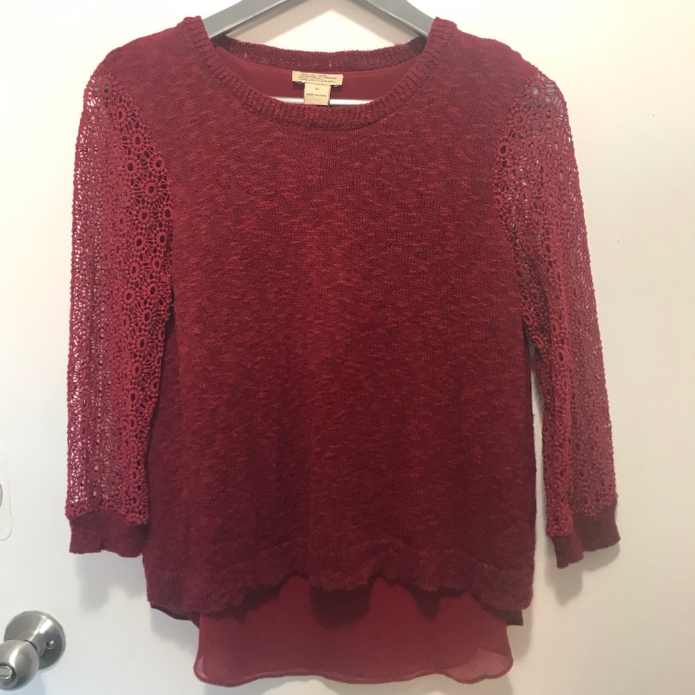 Lucky Brand live in love burgundy crochet long sleeve faux open back top…